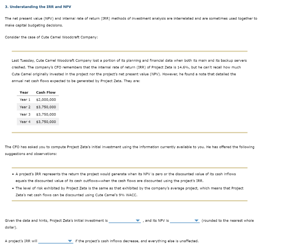 please show work step by step 3. Understanding the IRR and NPV