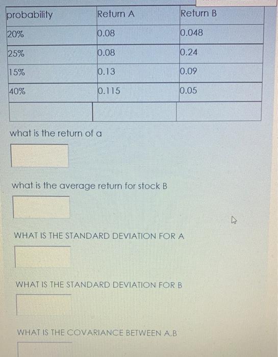  probability Return A Return B 20% 0.08 0.048 25% 0.08 0.24