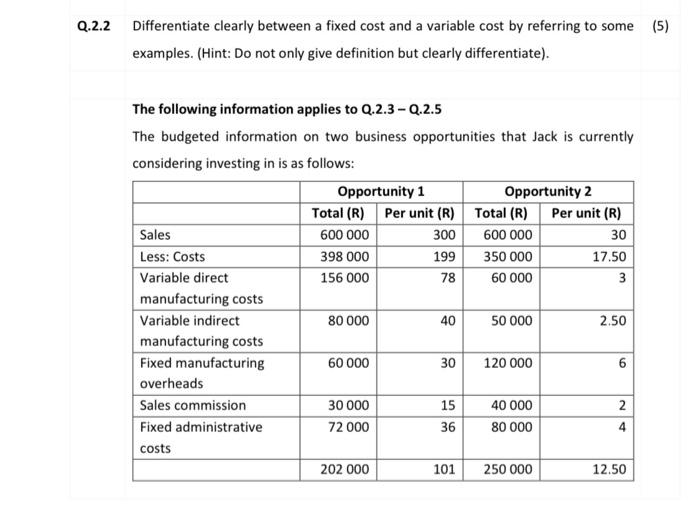  Q.2.2 Differentiate clearly between a fixed cost and a variable cost