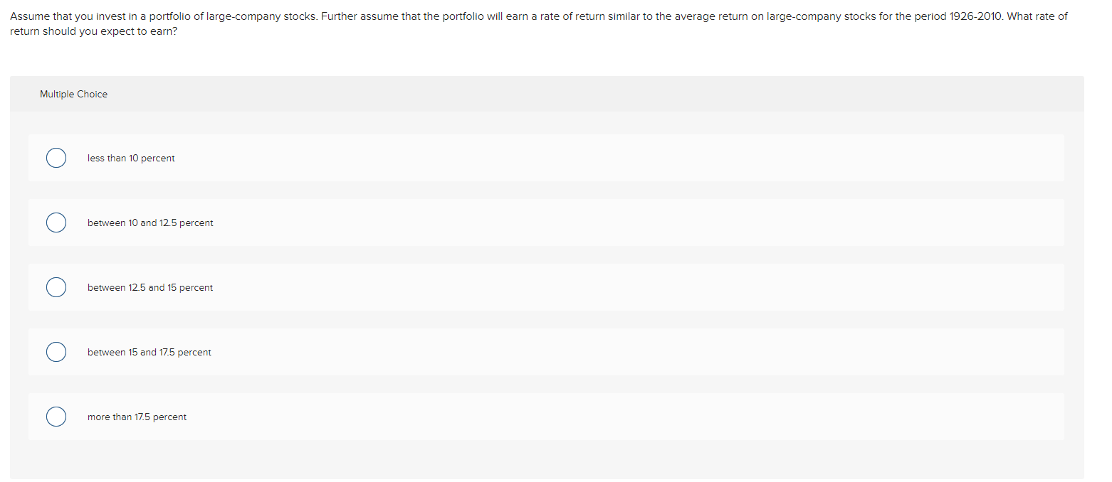  return should you expect to earn? Multiple Choice less than 10