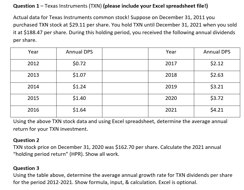  Question 1 - Texas Instruments (TXN) (please include your Excel spreadsheet