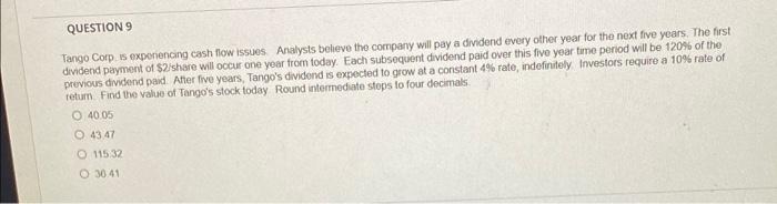  QUESTION 9 Tango Corp is experiencing cash flow issues Analysts believe