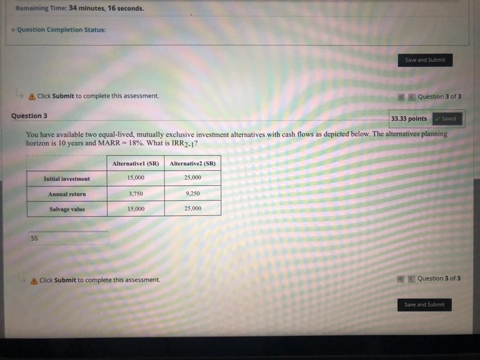  Remaining Time: 34 minutes, 16 seconds. Question Completion Status: Save and