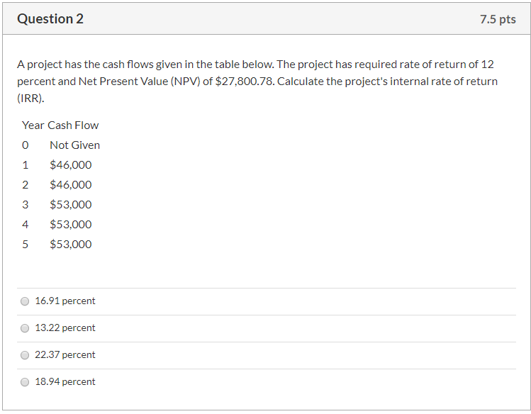 Question 2 7.5 pts A project has the cash flows given