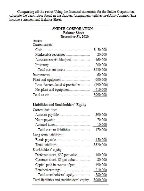  Comparing all the ratios Using the financial statements for the Snider