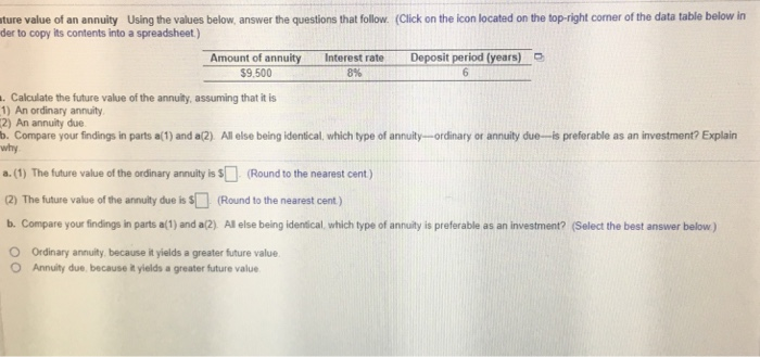  ture value of an annuity Using the values below, answer the