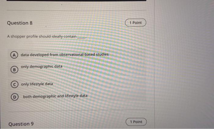  Question 8 1 Point A shopper profile should ideally contain A