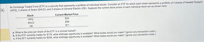  An Exchange Traded Fund (ETF) is a security that represents a