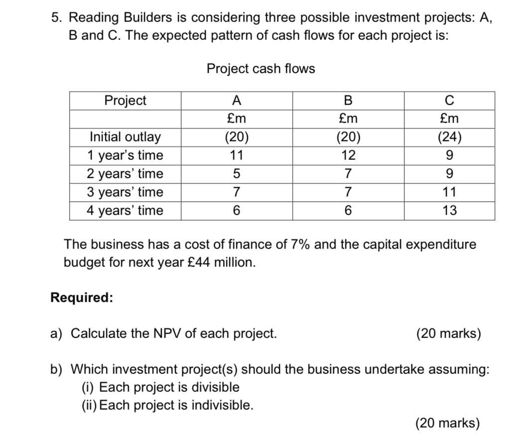  5. Reading Builders is considering three possible investment projects: A, B
