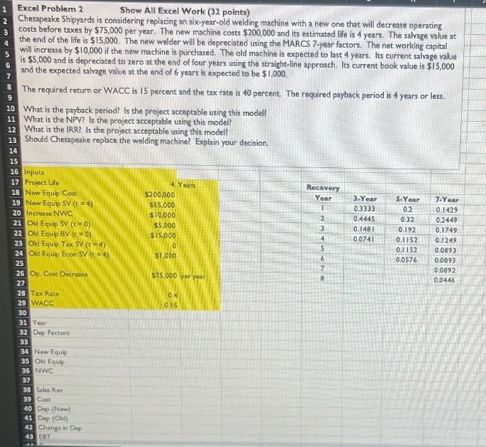  3 6 Excel Problem 2 Show All Excel Work (32 points)