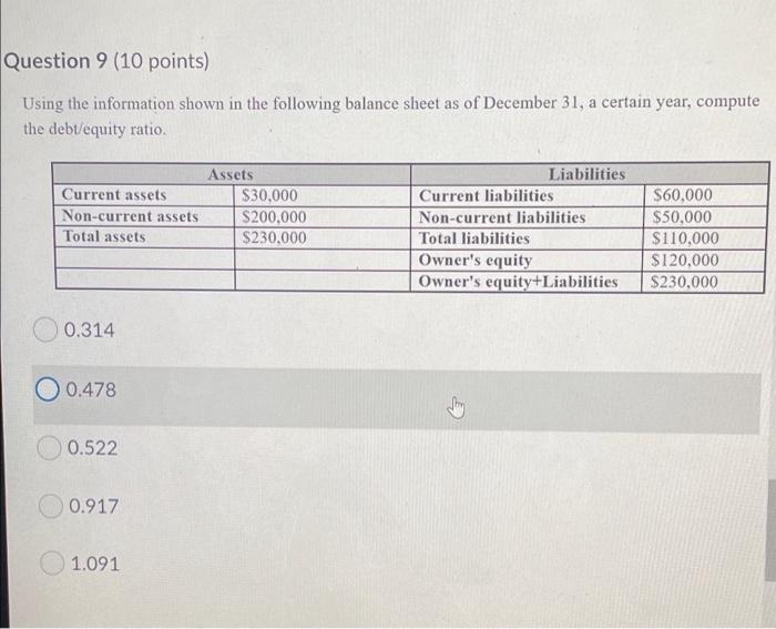  Question 9 (10 points) Using the information shown in the following