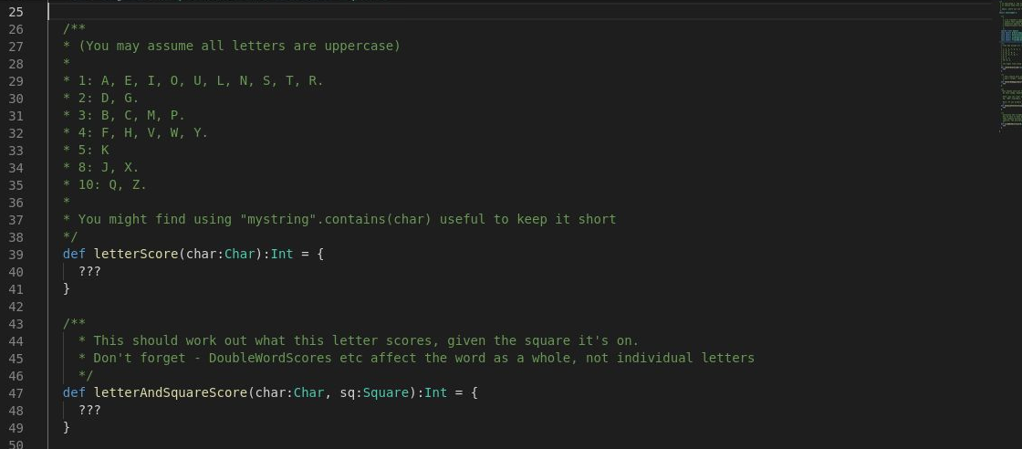 implement will produce a Scrabble scorer. * It should take into account