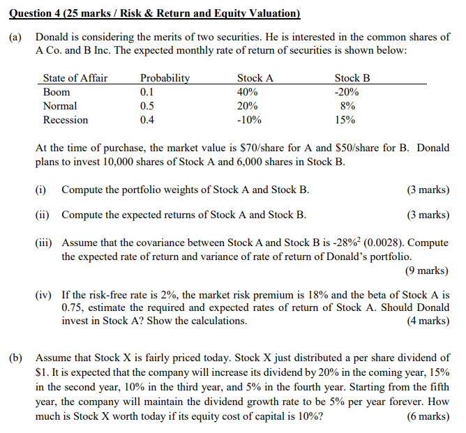 Expressed numerically Question 4 (25 marks / Risk & Return and Equity