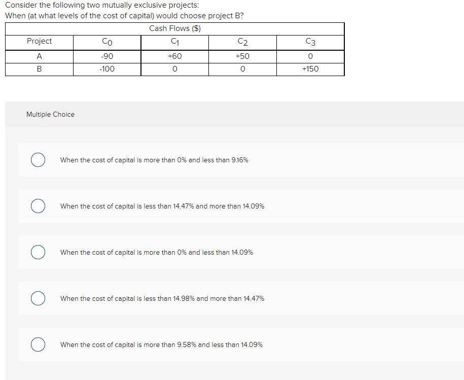 Consider the following two mutually exclusive projects: When (at what levels of