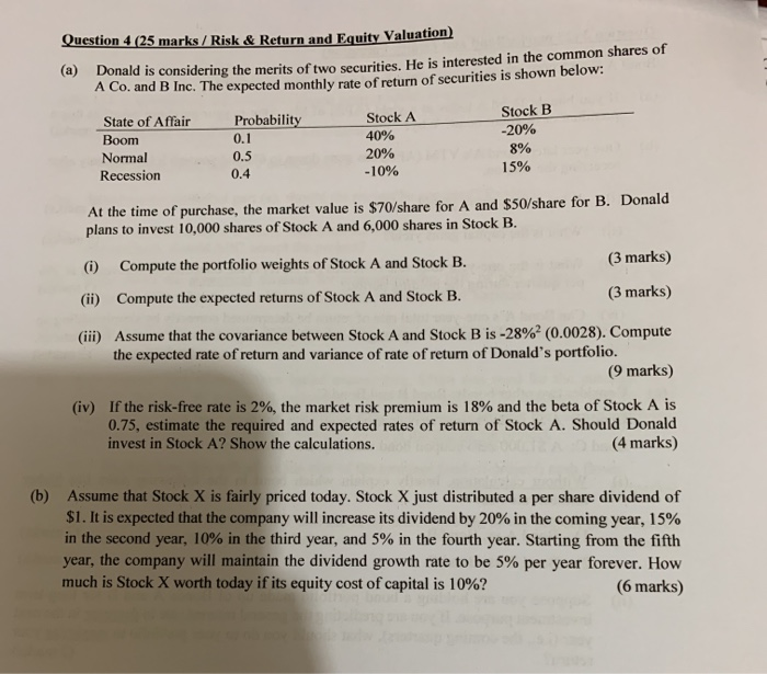  Question 4 (25 marks / Risk & Return and Equity Valuation)