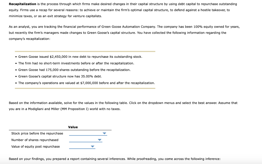Recapitalization is the process through which firms make desired changes in