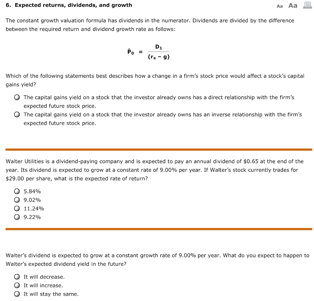 6. Expected returns, dividends, and growth Aa Aa The constant growth