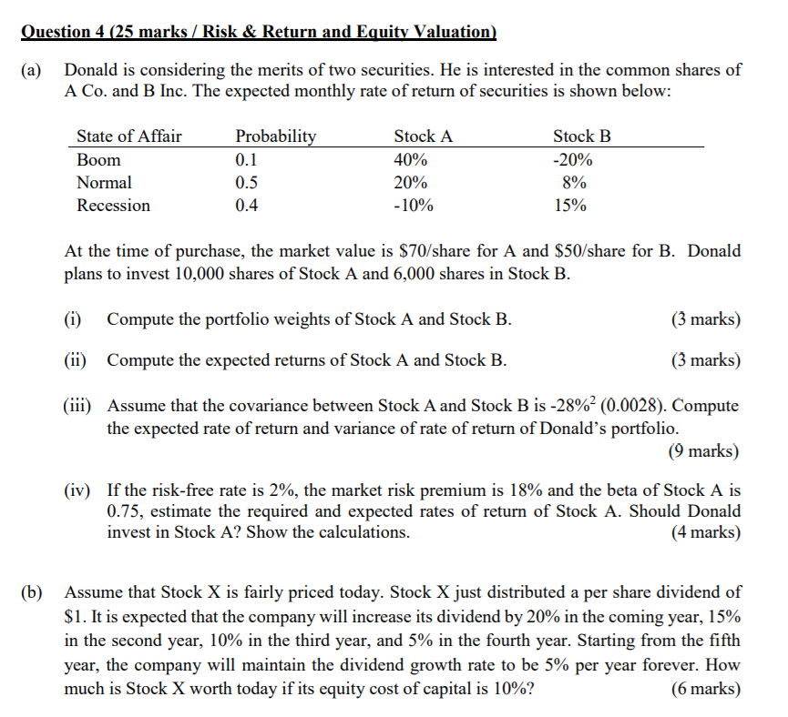  Question 4 (25 marks / Risk & Return and Equity Valuation)