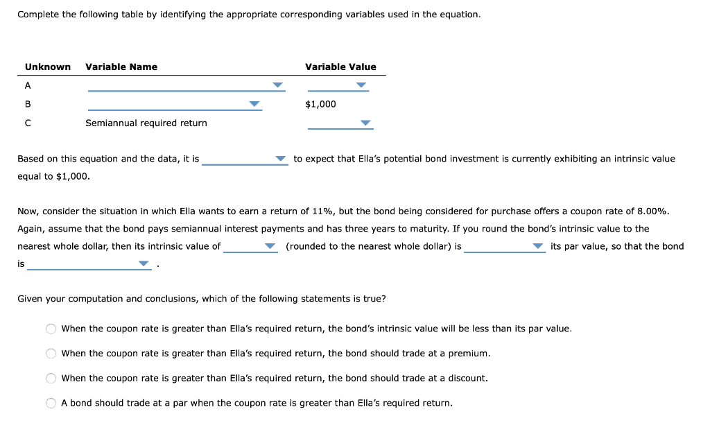 Complete the following table by identifying the appropriate corresponding variables used