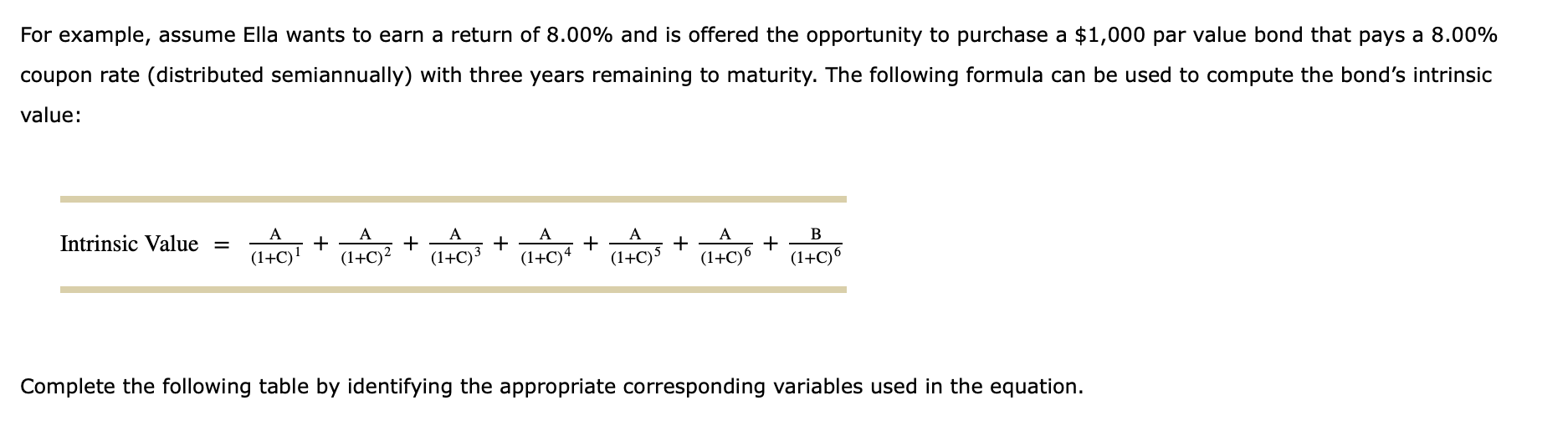 in the equation. Unknown Variable Name Variable Value A B $1,000 Semiannual