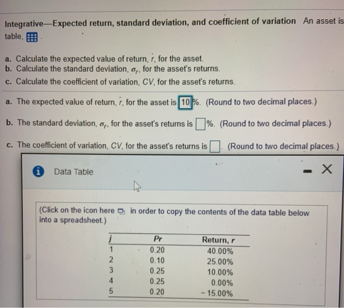 Integrative-Expected return, standard deviation, and coefficient of variation An asset is