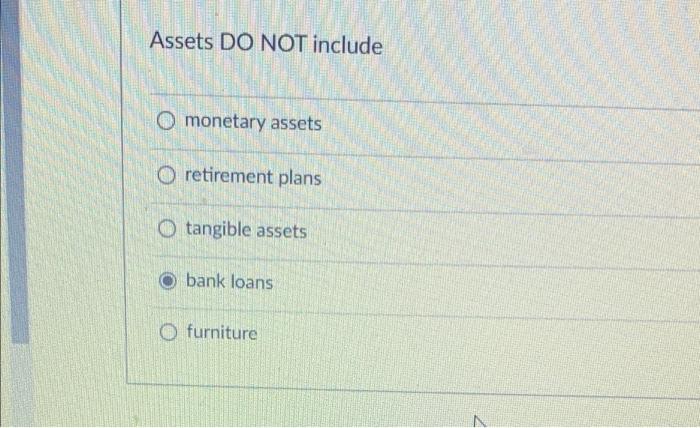  Assets DO NOT include O monetary assets O retirement plans O