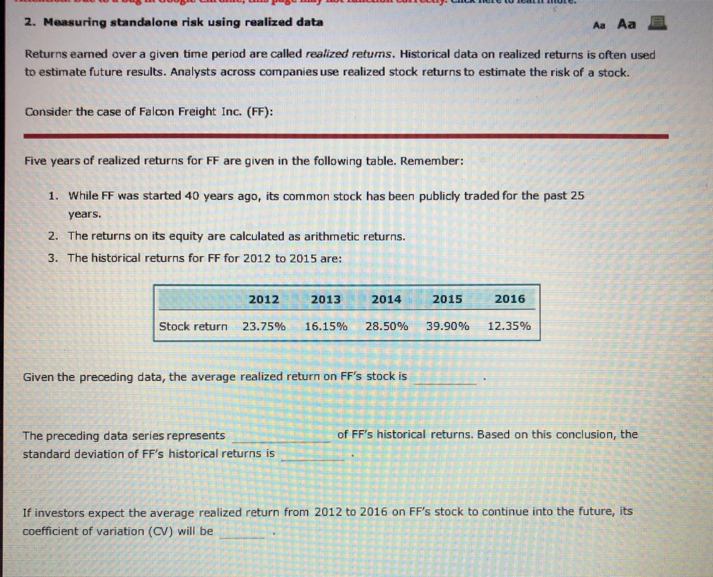  2. Measuring standalone risk using realized data Aa Aa Returns eamed