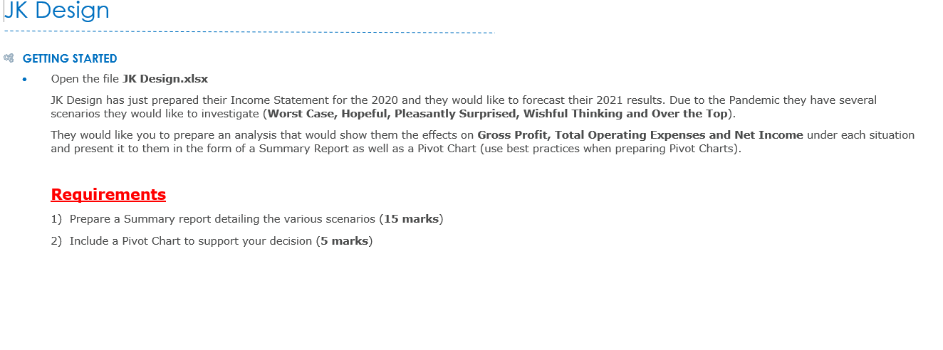  JK Design 0% GETTING STARTED Open the file JK Design.xlsx JK