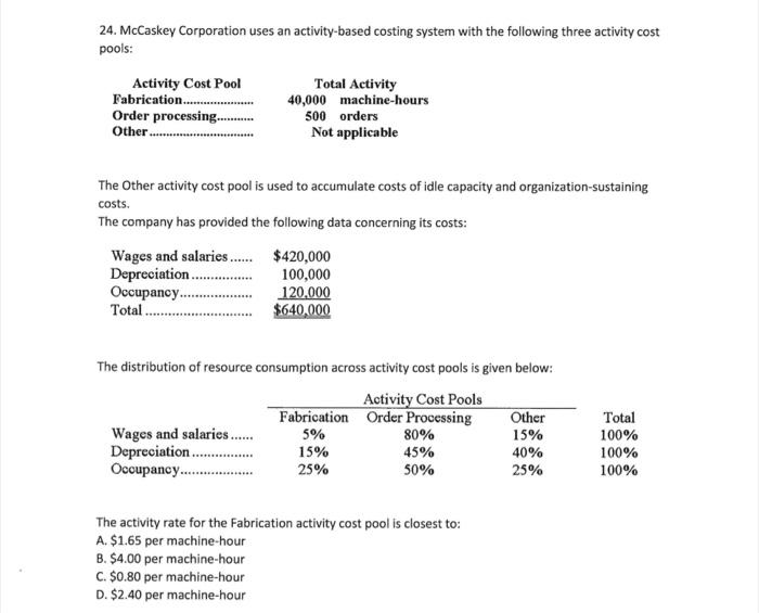  24. McCaskey Corporation uses an activity-based costing system with the following