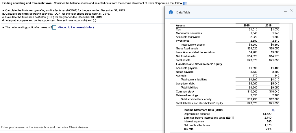 Finding operating and free cash flows Consider the balance sheets and