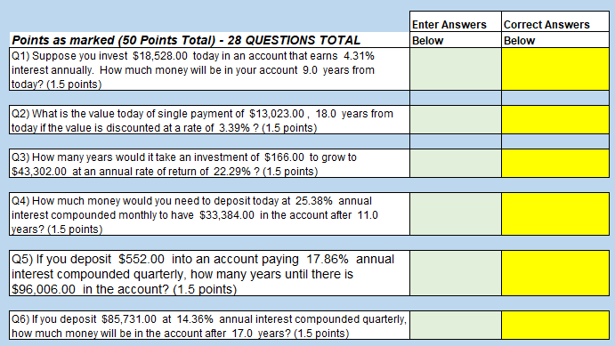 Enter Answers Correct Answers Below Below Points as marked (50 Points