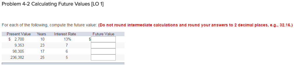  Problem 4-2 Calculating Future Values [LO 1 For each of the