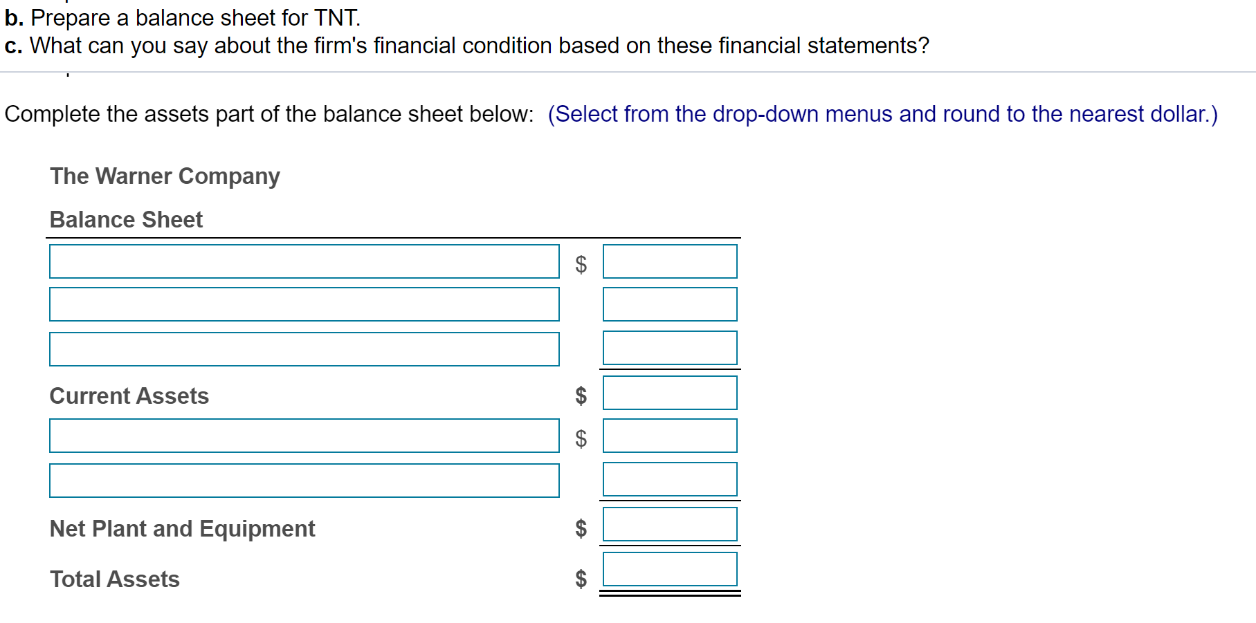 b. Prepare a balance sheet for TNT. c. What can you