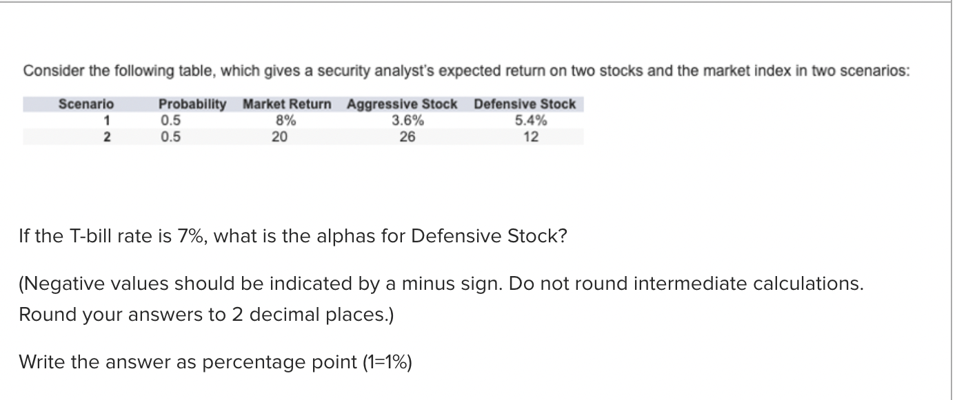 Consider the following table, which gives a security analyst's expected return