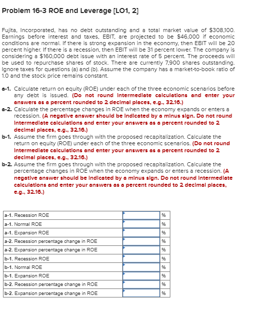  Problem 16-3 ROE and Leverage [LO1,2] Fujita, Incorporated, has no debt