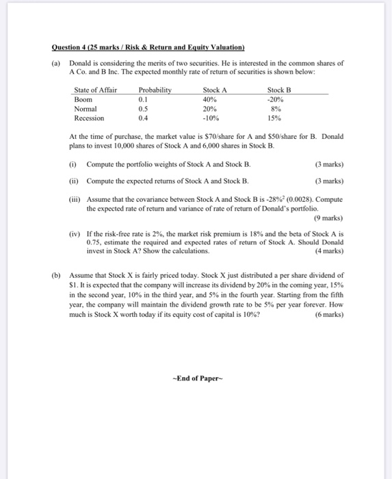  8% 0.4 Question 4 (25 marks / Risk & Return and