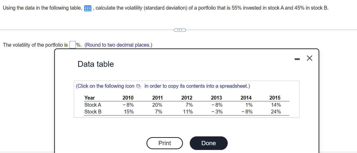  Using the data in the following table, , calculate the volatility
