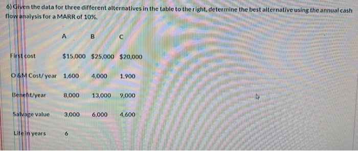  6) Given the data for three different alternatives in the table