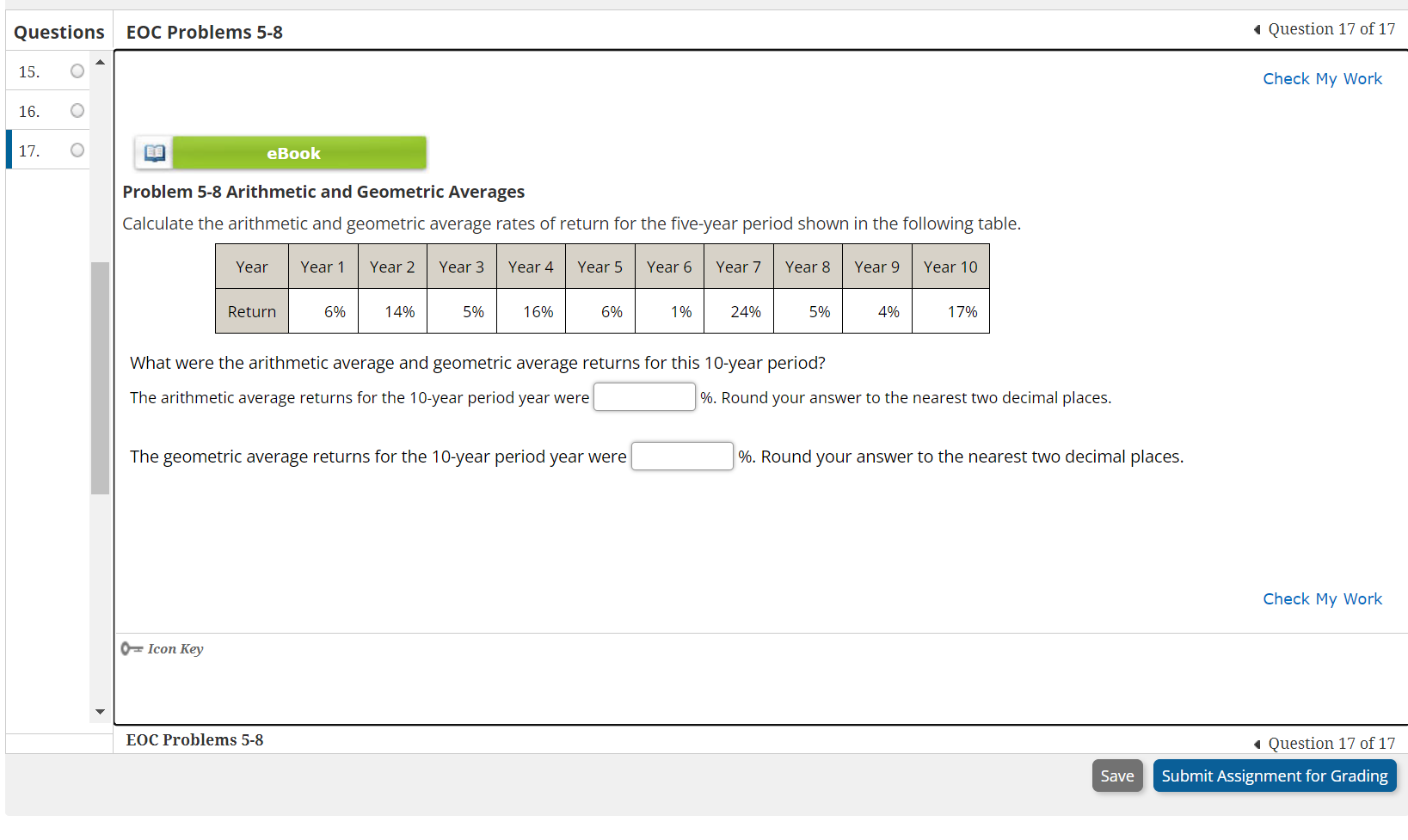 Problem 5-8 Arithmetic and Geometric Averages Calculate the arithmetic and geometric