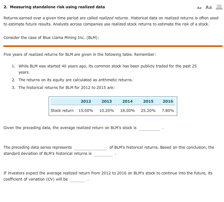  2. Measuring standalone risk using realized data Aa Aa ? Returns