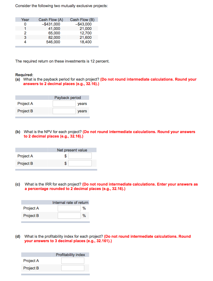  Consider the following two mutually exclusive projects Year Cash Flow (A)