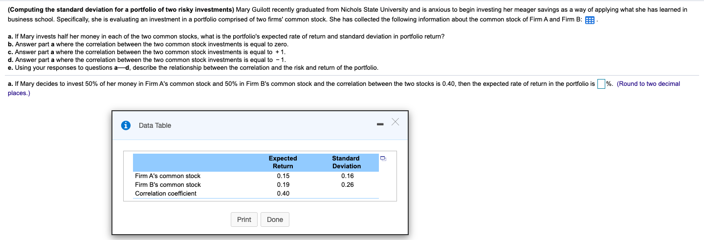 (Computing the standard deviation for a portfolio of two risky investments)