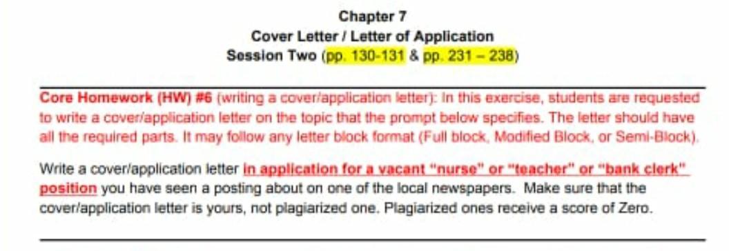 Chapter 7 Cover Letter / Letter of Application Session Two (pp.