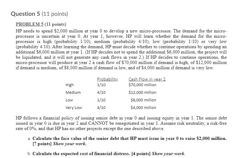  Question 5 (11 points) PROBLEM 5 (11 points) HP needs to