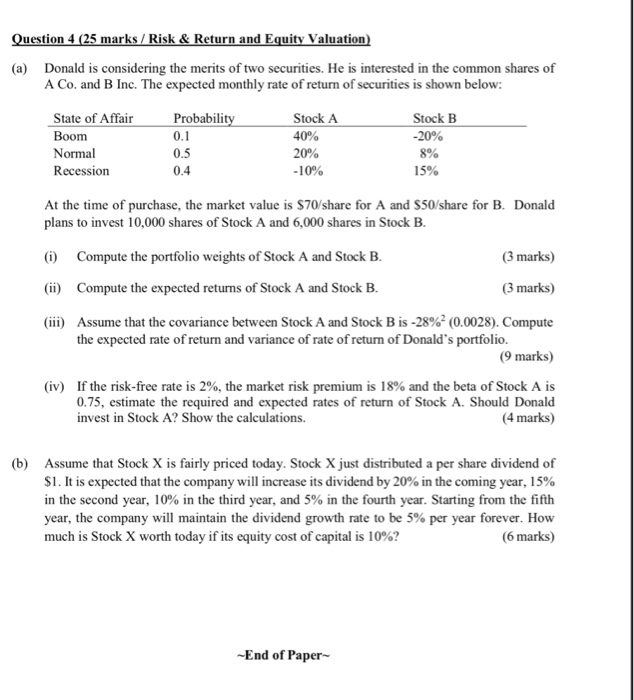  Question 4 (25 marks / Risk & Return and Equity Valuation)