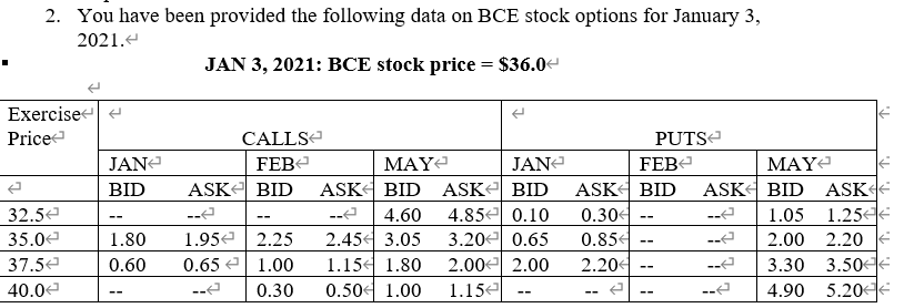  2. You have been provided the following data on BCE stock