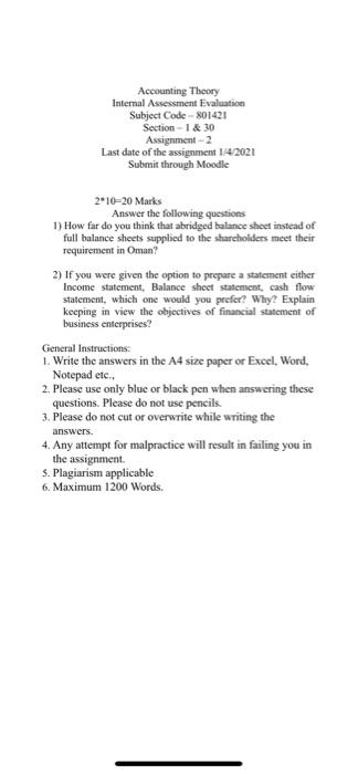 Accounting Theory Internal Assessment Evaluation Subject Code - 801421 Section -