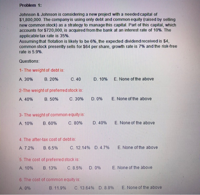  Problem 1: Johnson & Johnson is considering a new project with