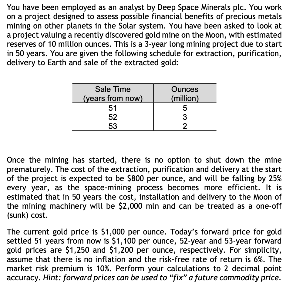  You have been employed as an analyst by Deep Space Minerals
