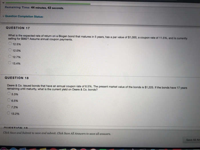  Remaining Time: 44 minutes, 43 seconds. Question Completion Status: QUESTION 17